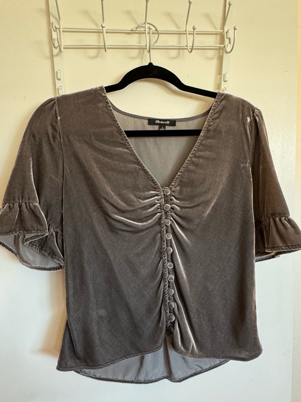 Madewell Silver Velvet Button-Front V-Neck Blouse